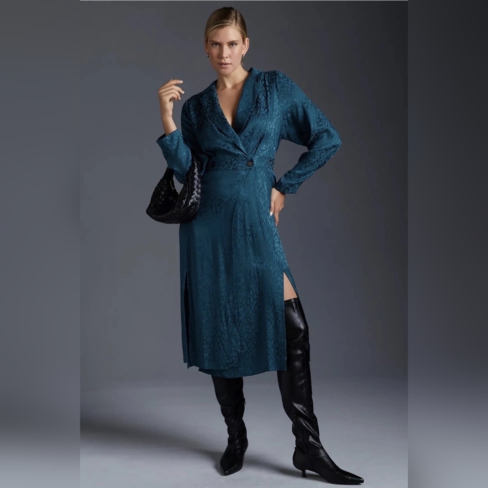 Anthropologie Women's Jacquard Blazer Wrap Teal Dress Size 4